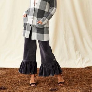Matilda Jane Clothing a big ruffle pants, dark gray velour.